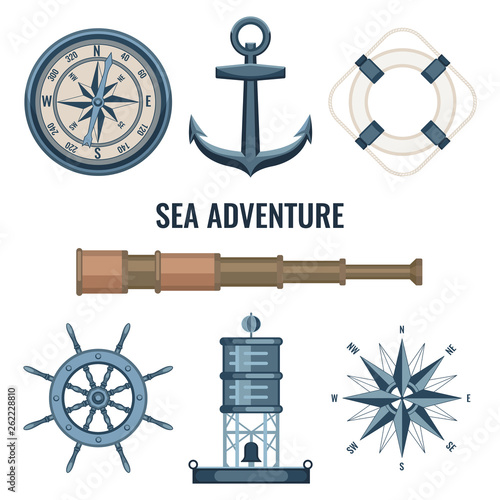 Set of marine, maritime or nautical icons with an anchor, telescope, lifebuoy, see buoy, compass, compass rose and ships steering wheel isolated on white background. Vector