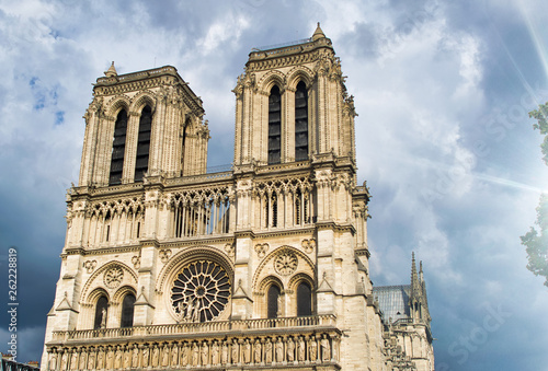 Notre Dame exterior view against a cloudy sky, Paris