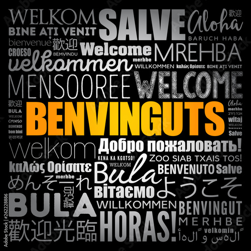 Benvinguts (Welcome in Catalan) word cloud in different languages, conceptual background
