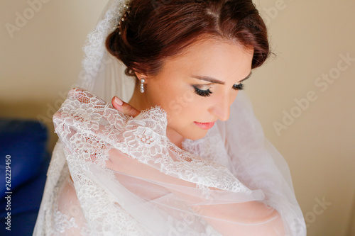 Beautiful bride posing indoor with veil