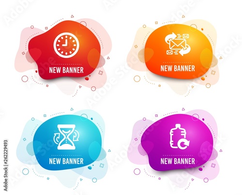 Liquid badges. Set of Hourglass, E-mail and Clock icons. Refill water sign. Sand watch, Communication by letters, Time or watch. Cooler bottle.  Gradient hourglass icon. Flyer fluid design. Vector