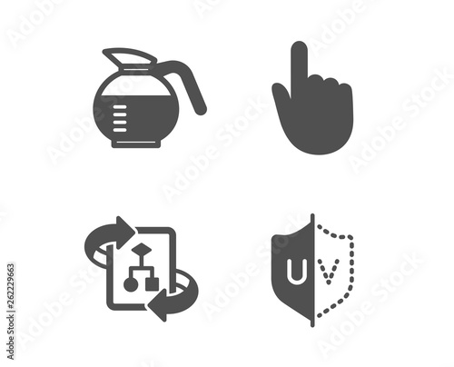 Set of Hand click, Technical algorithm and Coffeepot icons. Uv protection sign. Location pointer, Project doc, Brewed coffee. Ultraviolet. Classic design hand click icon. Flat design. Vector