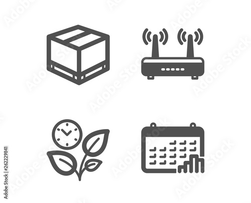 Set of Delivery box, Wifi and Leaves icons. Calendar graph sign. Cargo package, Internet router, Grow plant. Annual report.  Classic design delivery box icon. Flat design. Vector
