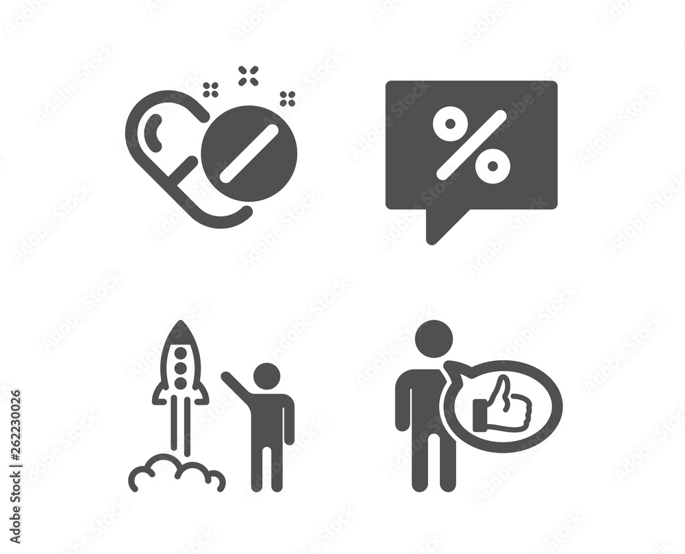 Obraz premium Set of Discount message, Medical pills and Launch project icons. Like sign. Special offer, Drugs, Business innovation. Thumbs up. Classic design discount message icon. Flat design. Vector