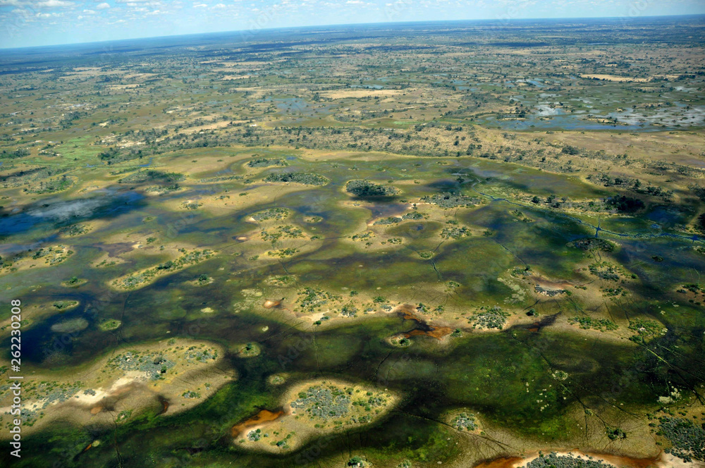 Botswana: Flying over the Okavango-Delta swamps in the Kalahari desert. The Delta faces the heaviest floods since 46 years.