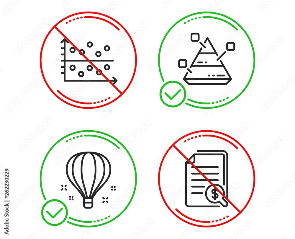 Do or Stop. Dot plot, Air balloon and Pyramid chart icons simple set. Financial documents sign. Presentation graph, Sky travelling, Report analysis. Check docs. Education set. Line dot plot do icon
