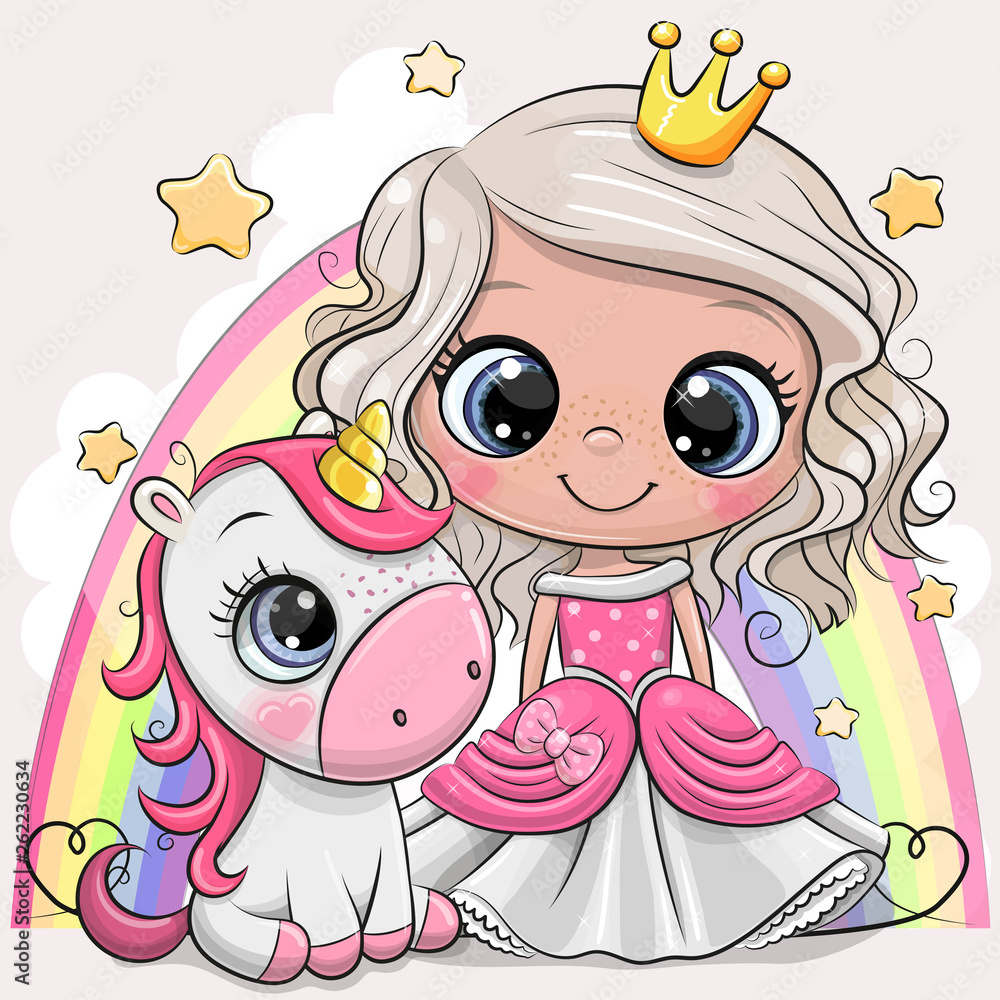 Cute Cartoon fairy tale Princess and Unicorn Stock Vector | Adobe Stock