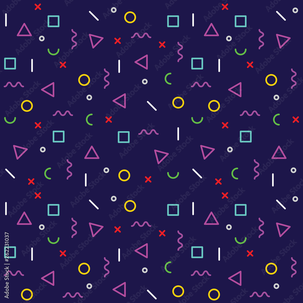 Naklejka Abstract geometric background with different geometric shapes - triangles, circles, dots, lines. Memphis style. Bright and colorful, 90s style. Vector seamless pattern. Neon colors - Vector