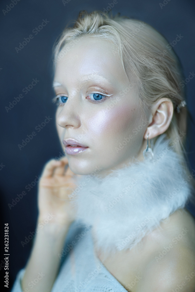 Portrait of a beautiful girl in the frost on his face on a blue ice background