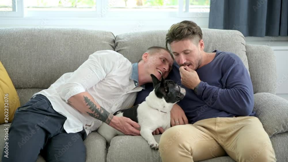 Young gay male couple relaxing on couch with dog in living room. Caucasian, european men sitting together on sofa. Trying to mouth feed it. Happy gay friendship, relationship, lifestyle concept. Young gay male couple relaxing on couch with dog in living room. Caucasian, european men sitting together on sofa. Trying to mouth feed it. Happy gay friendship, relationship, lifestyle concept.