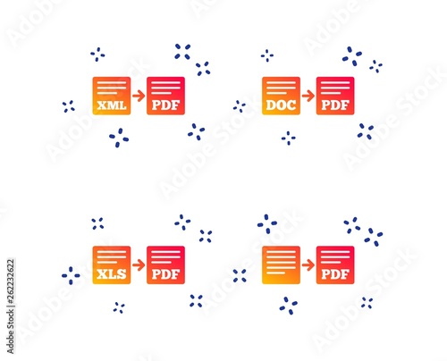 Export file icons. Convert DOC to PDF, XML to PDF symbols. XLS to PDF with arrow sign. Random dynamic shapes. Gradient export icon. Vector