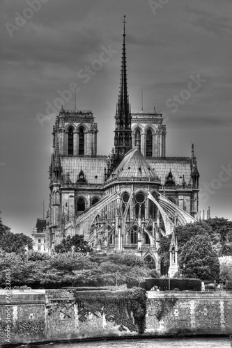 Dark clouds over Notre Dame cathedral, Paris, France (HDR monchrome version)