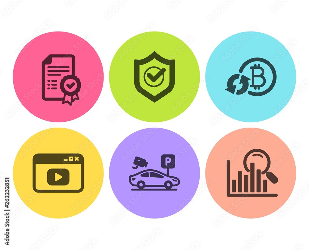 Refresh bitcoin, Certificate and Video content icons simple set. Parking security, Approved shield and Search signs. Update cryptocurrency, Verified document. Business set. Flat refresh bitcoin icon Refresh bitcoin, Certificate and Video content icons simple set. Parking security, Approved shield and Search signs. Update cryptocurrency, Verified document. Business set. Flat refresh bitcoin icon
