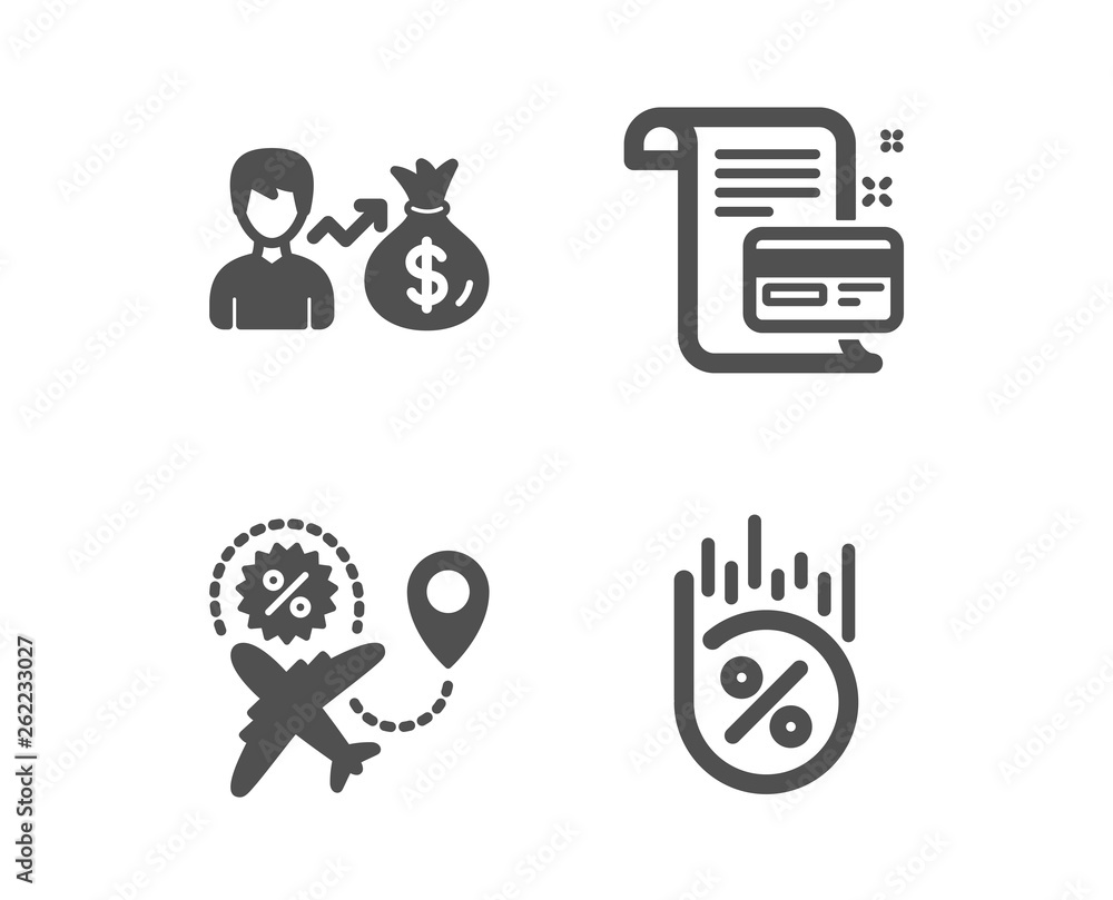 Set of Payment card, Sallary and Flight sale icons. Loan percent sign. Agreement conditions, Person earnings, Travel discount. Discount. Classic design payment card icon. Flat design. Vector Set of Payment card, Sallary and Flight sale icons. Loan percent sign. Agreement conditions, Person earnings, Travel discount. Discount. Classic design payment card icon. Flat design. Vector