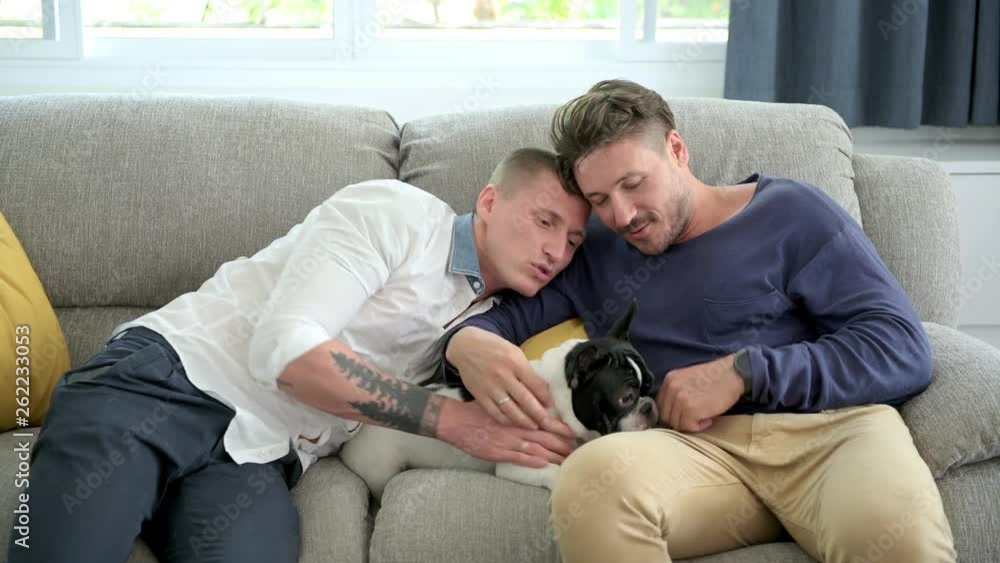 Young gay male couple relaxing on couch with dog in living room. Caucasian, european men sitting together on sofa. Rubbing dog's head. Happy gay friendship, relationship, lifestyle concept. Young gay male couple relaxing on couch with dog in living room. Caucasian, european men sitting together on sofa. Rubbing dog's head. Happy gay friendship, relationship, lifestyle concept.