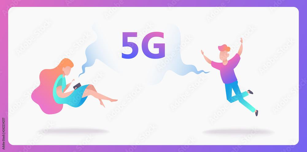 5G network concept. Cartoon character uses fast mobile internet lte. Wireless technology vector illustration. Global network technology concept use for business web template or mobile app. Vector 5G network concept. Cartoon character uses fast mobile internet lte. Wireless technology vector illustration. Global network technology concept use for business web template or mobile app. Vector