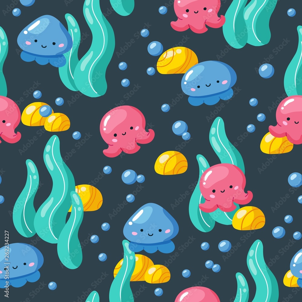 Vector seamless pattern with underwater animals, jellyfish and octopus. Repeated texture with sea cartoon characters. Colorful childish background. Vector seamless pattern with underwater animals, jellyfish and octopus. Repeated texture with sea cartoon characters. Colorful childish background.