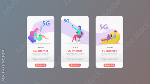 5G network concept. Cartoon character uses fast mobile internet lte.   Wireless technology vector illustration. Global network technology   concept use for business web template or mobile app. Vector