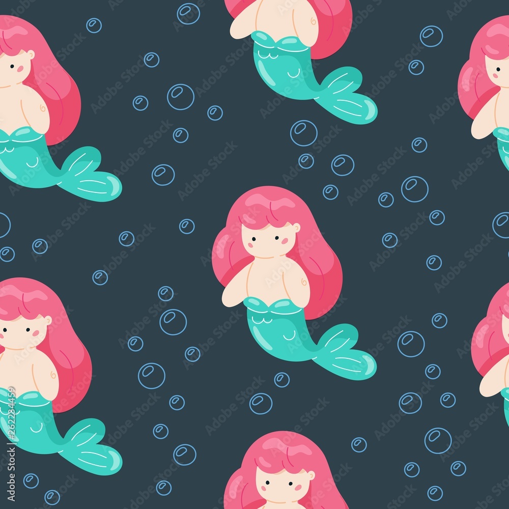 Seamless baby girl swimming little mermaid illustration kids under water  sea theme background pattern in vector Stock Vector | Adobe Stock