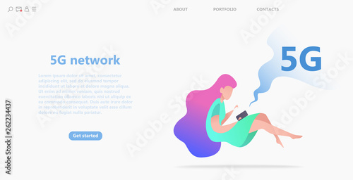 5G network concept. Cartoon character uses fast mobile internet lte.   Wireless technology vector illustration. Global network technology   concept use for business web template or mobile app. Vector