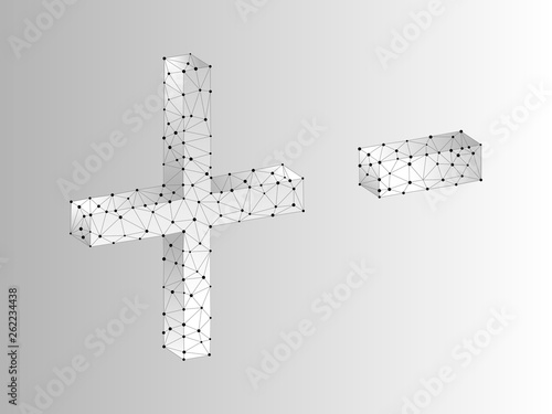 plus minus sign 3D low poly abstract illustration consisting of points, lines, and shapes in the form of planets, stars and the universe. Origami Raster wireframe concept.