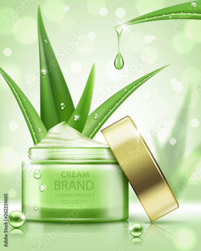 Cosmetic ads template, cream jar with aloe vera isolated on bokeh background. Realistic vector illustration