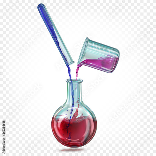 Laboratory glass flask, test tube and сhemical beaker with a transparent iridescent colored liquid. Vector illustration.
