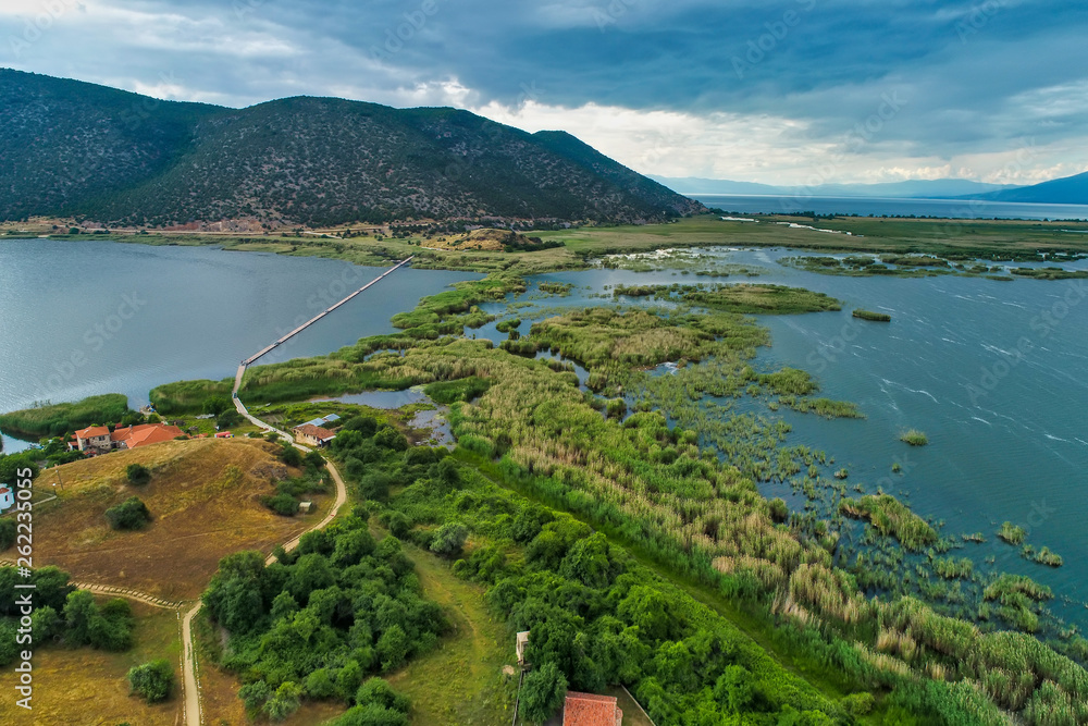 aerial view of island of Agios Achilios in lake Small Prespes, Greece