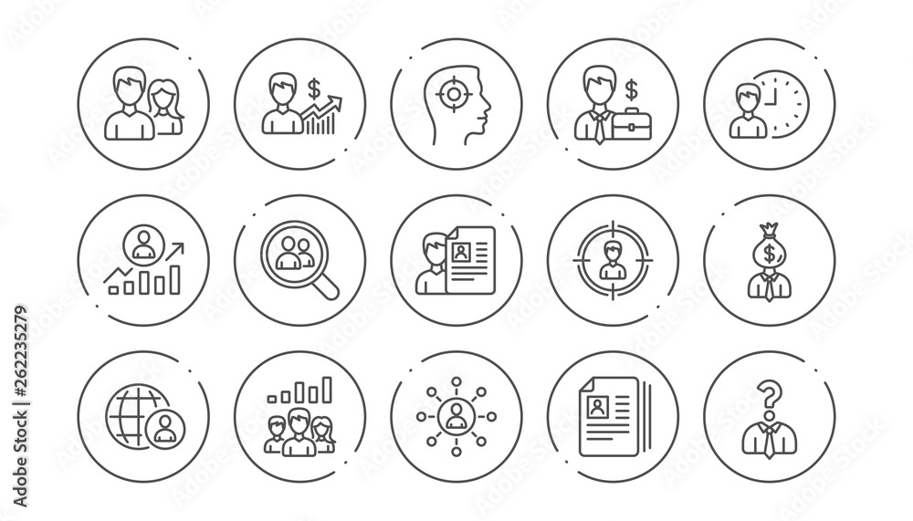 Human resources icons. Head Hunting, Job center and User. Interview linear icon set. Line buttons with icon. Editable stroke. Vector