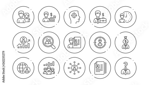 Human resources icons. Head Hunting, Job center and User. Interview linear icon set. Line buttons with icon. Editable stroke. Vector