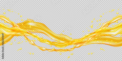 Transparent orange juice splash. Horizontal seamless pattern. The right and left sides of the illustration seamlessly fit together. Realistic vector illustration.