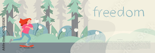 Girl skater character on longboard. Banner template. Vector flat cartoon illustration