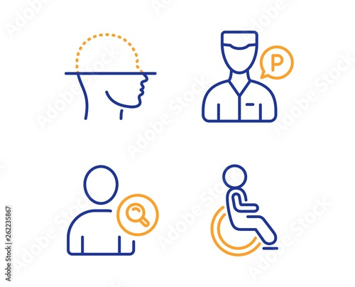 Face scanning, Find user and Valet servant icons simple set. Disabled sign. Faces detection, Search person, Parking man. Handicapped wheelchair. People set. Linear face scanning icon. Vector