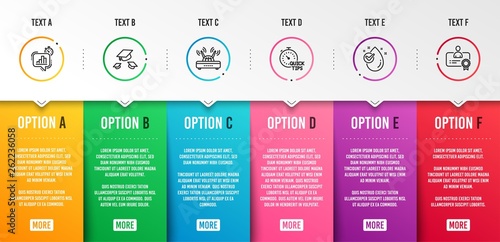 Quick tips, Water drop and Statistics timer icons simple set. Throw hats, Wifi and Certificate signs. Helpful tricks, Clean aqua. Science set. Infographic template. 6 steps timeline. Business options