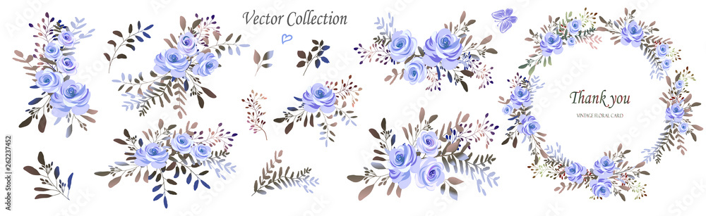 Vector. Wreaths.; Botanical collection of wild and garden plants. Set: leaves; flowers; branches; blue roses; floral arrangements; natural elements.
