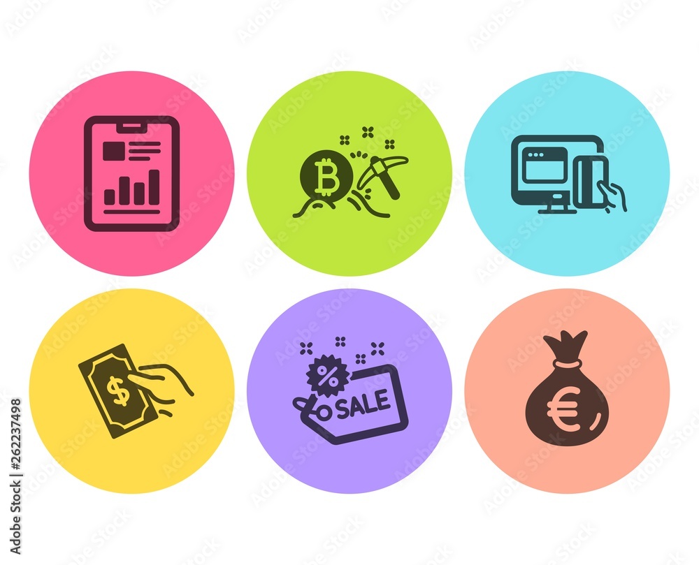 Online payment, Pay money and Bitcoin mining icons simple set. Sale, Report document and Money bag signs. Hold cash, Cryptocurrency pickaxe. Finance set. Flat online payment icon. Circle button Online payment, Pay money and Bitcoin mining icons simple set. Sale, Report document and Money bag signs. Hold cash, Cryptocurrency pickaxe. Finance set. Flat online payment icon. Circle button