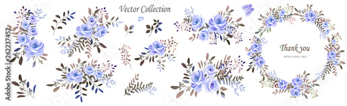 Vector. Wreaths.; Botanical collection of wild and garden plants. Set: leaves; flowers; branches; blue roses; floral arrangements; natural elements.