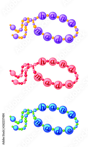 Set of three different colored bracelets with the inscription Hand Made on white background