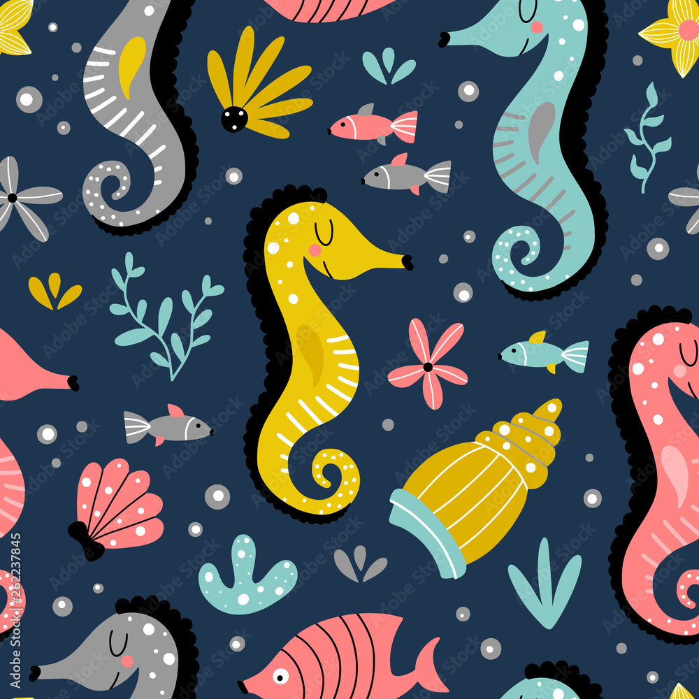 Children seamles background with seahorses