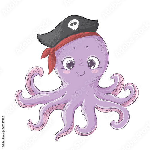 Cute cartoon octopus in pirate hat