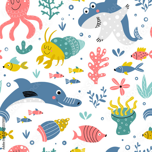 Seamless background with sea inhabitants