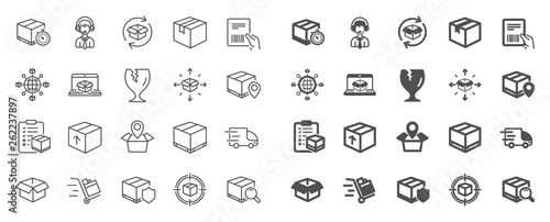 Logistics, Shipping document line icons. Set of Truck Delivery, Box and Checklist icons. Parcel tracking shipping, World trade logistics. Location pin, Goods parcel insurance and document. Vector