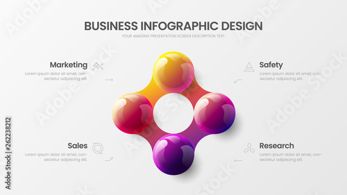 Business 4 option infographic presentation vector 3D colorful balls illustration. Corporate marketing analytics data report design layout. Company statistics information graphic visualization template
