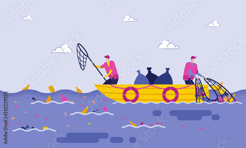 disposal garbage in sea or ocean cartoon flat.