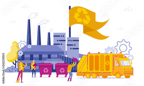 Recycling Plant and Transportation Cartoon Flat.