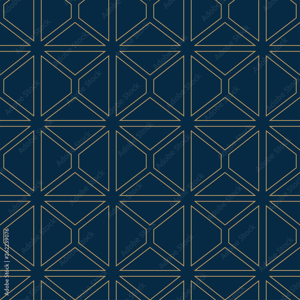 Abstract geometric pattern with lines, rhombuses. A seamless vector background. Blue and gold texture