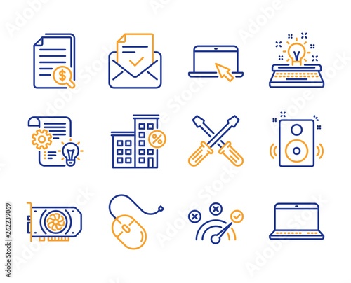 Computer mouse, Portable computer and Approved mail icons simple set. Gpu, Cogwheel and Correct answer signs. Typewriter, Financial documents and Screwdriverl symbols. Line computer mouse icon photo