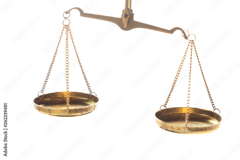Justice law judge brass balance scales on white background. Close up image Justice law judge brass balance scales on white background. Close up image