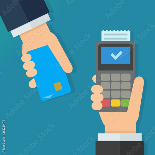 Paiement d'un marchand par carte bancaire (flat design)