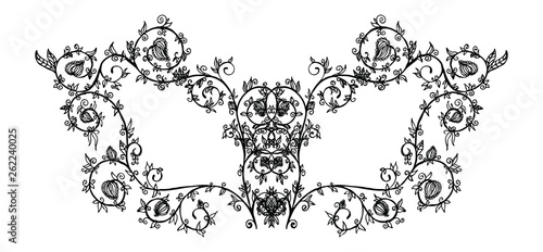 Hand drawn black eye mask with tracery, flowers and leaves on white background